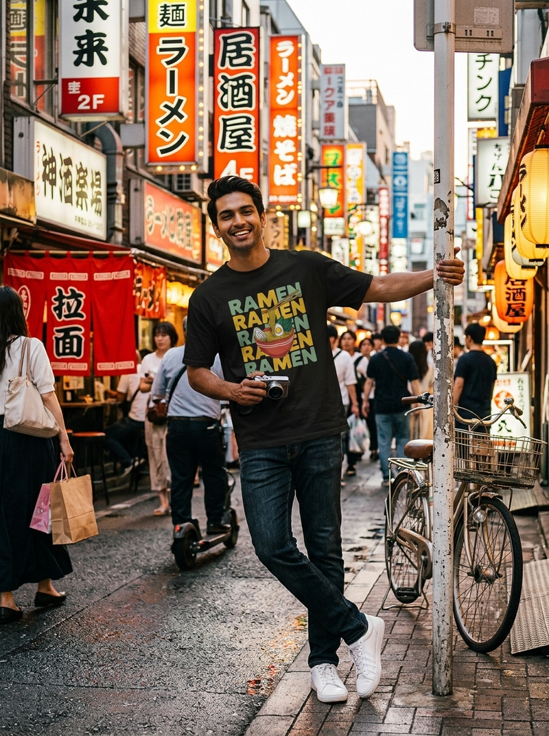 A man wearing a black graphic t-shirt with 'RAMEN' printed in yellow and green, standing in a busy Japanese street with neon signs and a bicycle.